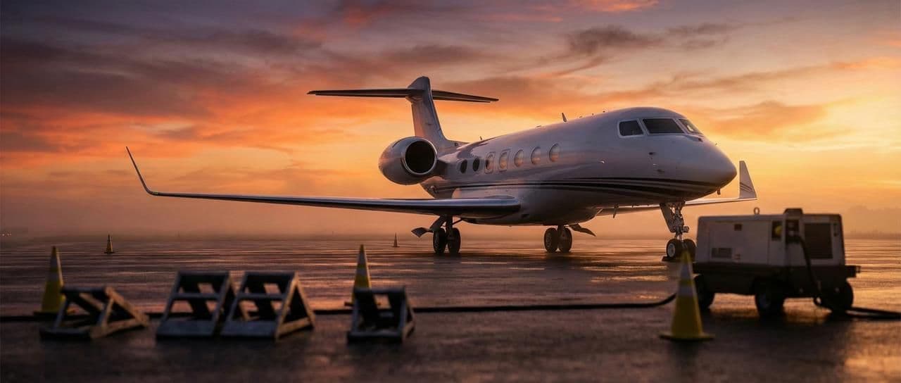 Super midsize private jet parked on the runway at sunset with ground equipment nearby.