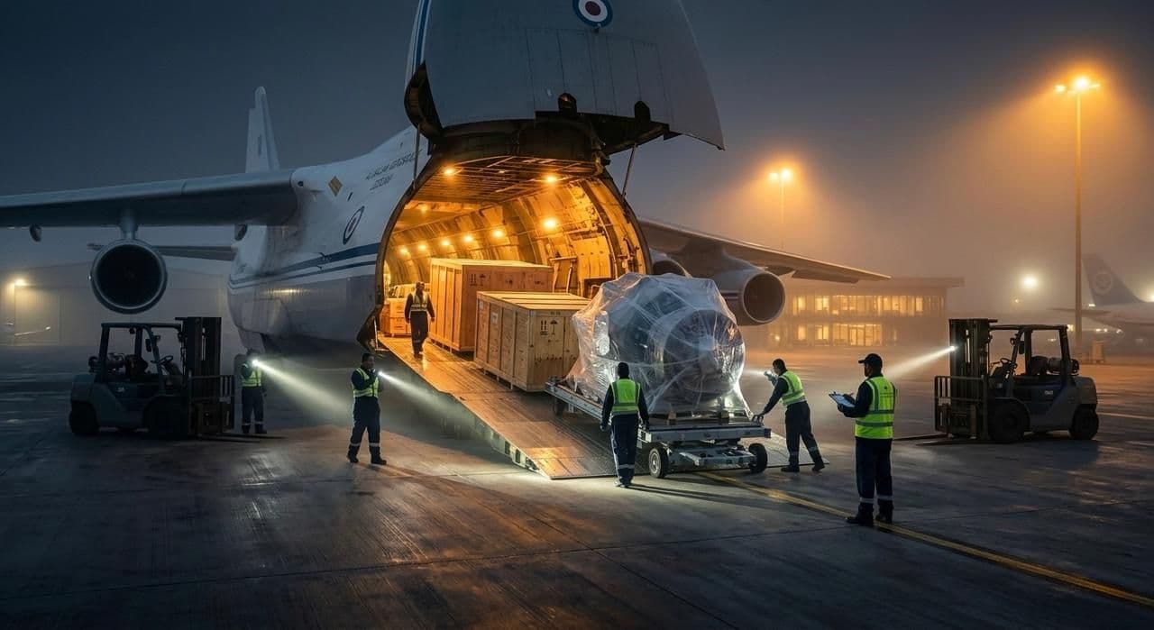 Ground crew loading oversized and high-value cargo into a heavy-lift aircraft