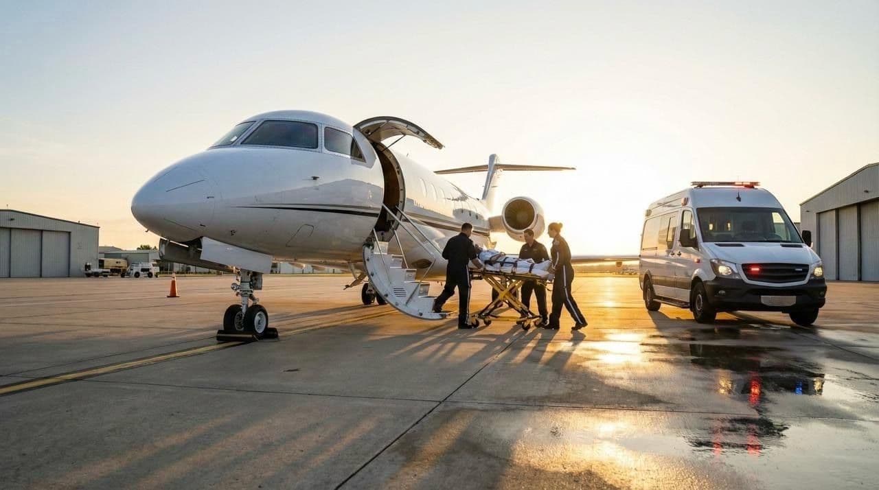 Private air ambulance patient transfer with medical team preparing medevac plane for air medical evacuation