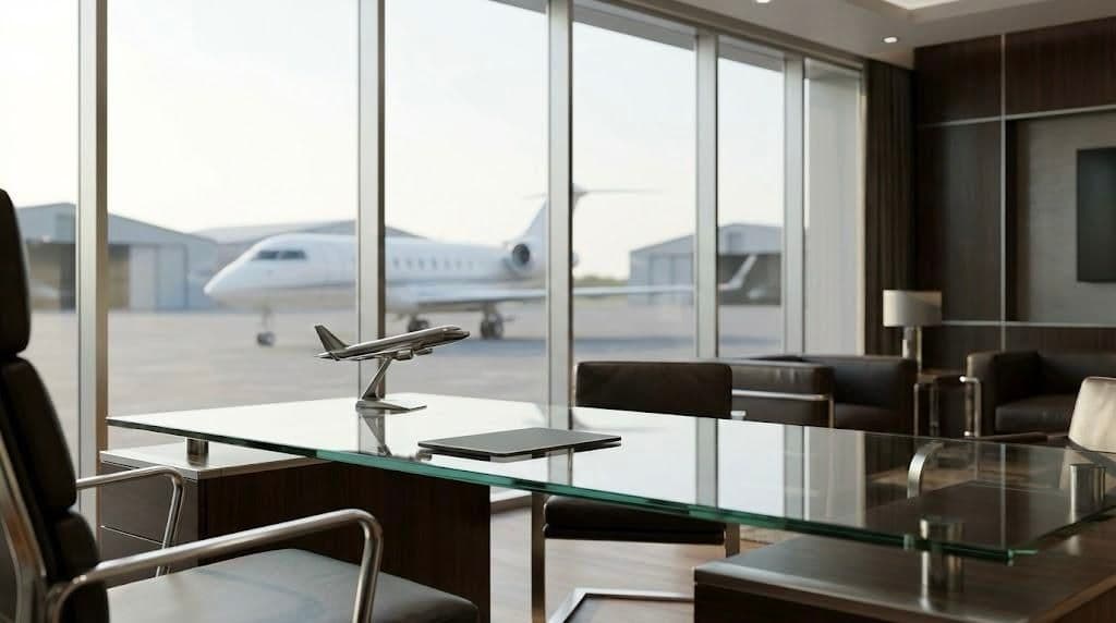 Aircraft sales and acquisition office with private jet visible in background