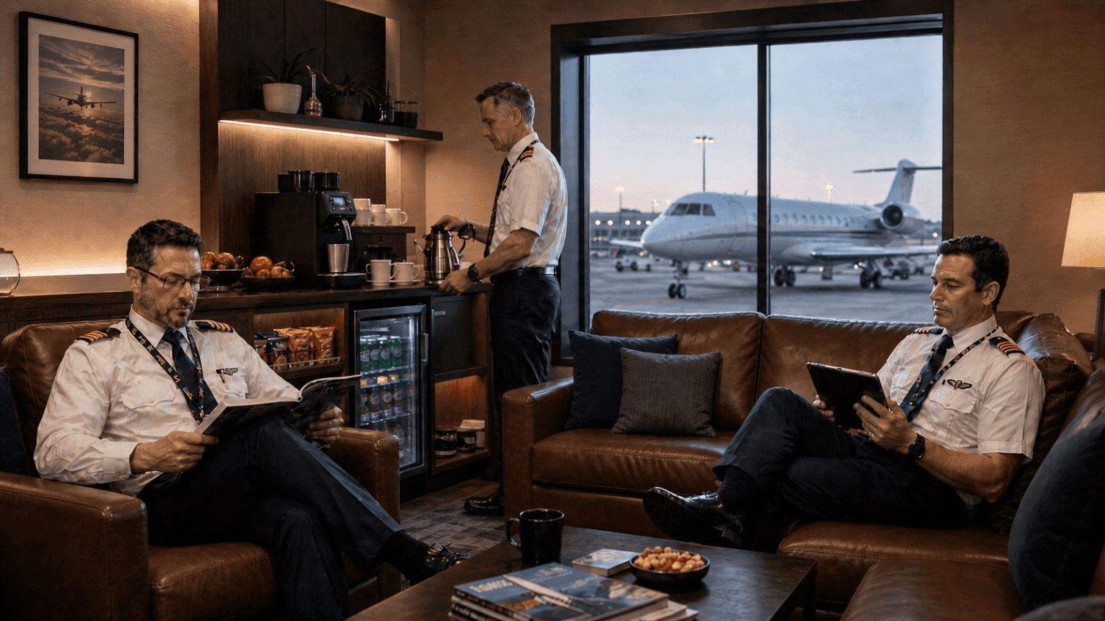 A premium private aviation crew lounge where pilots relax between flights