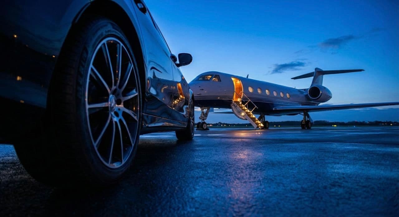 Private jet sales and acquisition with luxury car transfer at airport