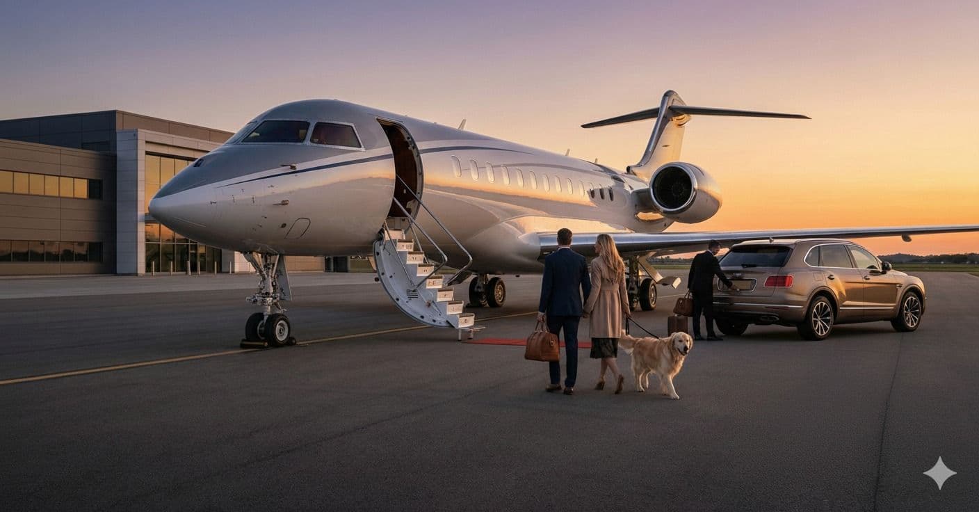 Private jet rental parked at airport terminal ready for luxury private flight