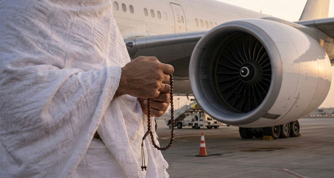 Person in white ihram holding prayer beads near an airplane engine on an airport runway.
