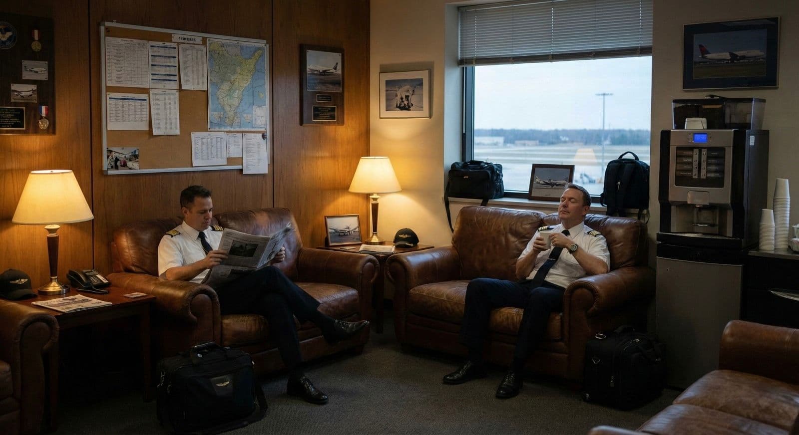 Airline pilots relaxing in a crew lounge, reading and drinking coffee.