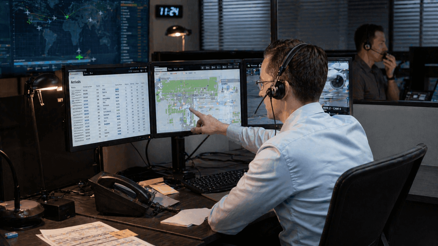 Ground handling operations staff coordinating aircraft movements and services using multiple control screens.