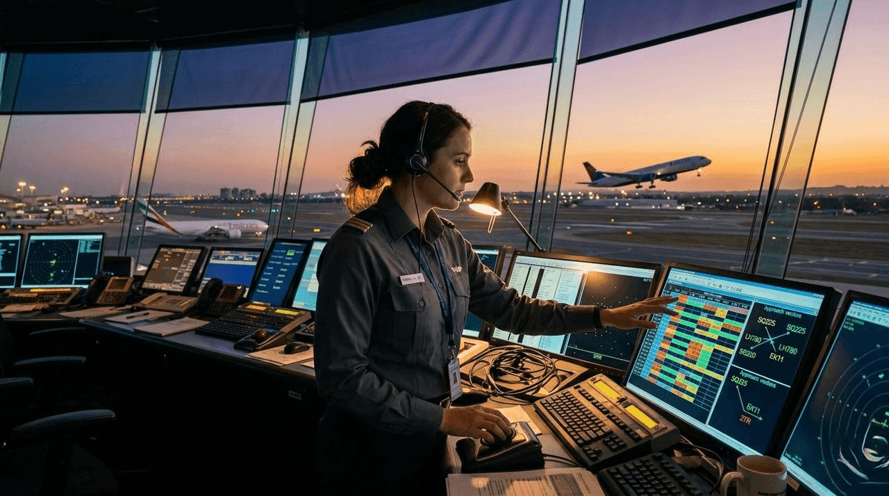 Air traffic controller managing flight operations and airport slot coordination with real-time data screens.