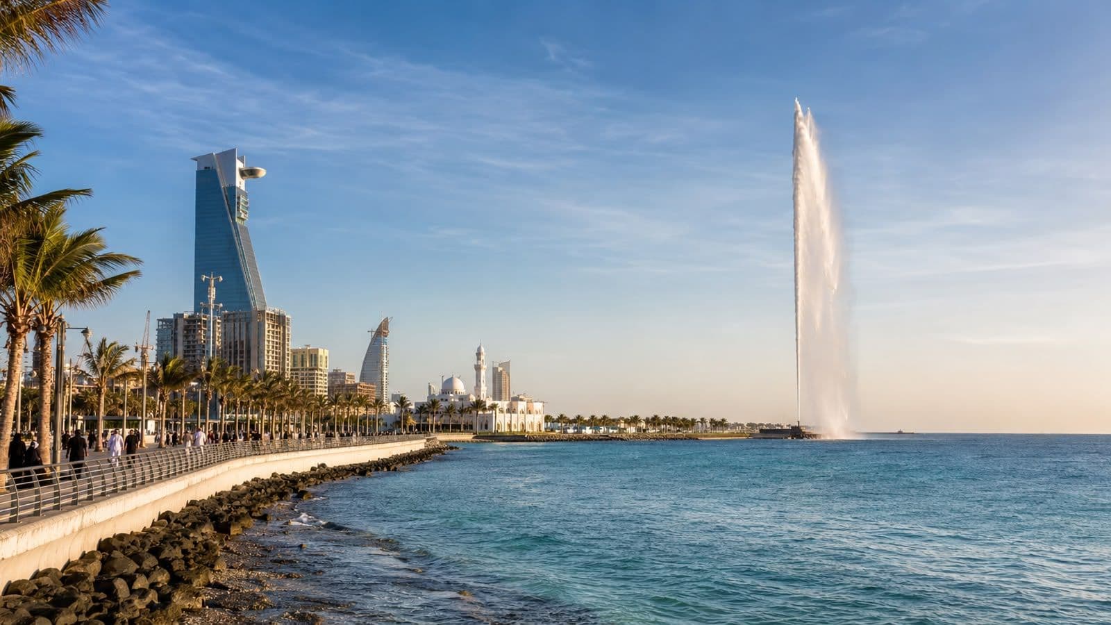 Jeddah waterfront featuring the King Fahd Fountain, Red Sea coastline, and modern city skyline.
