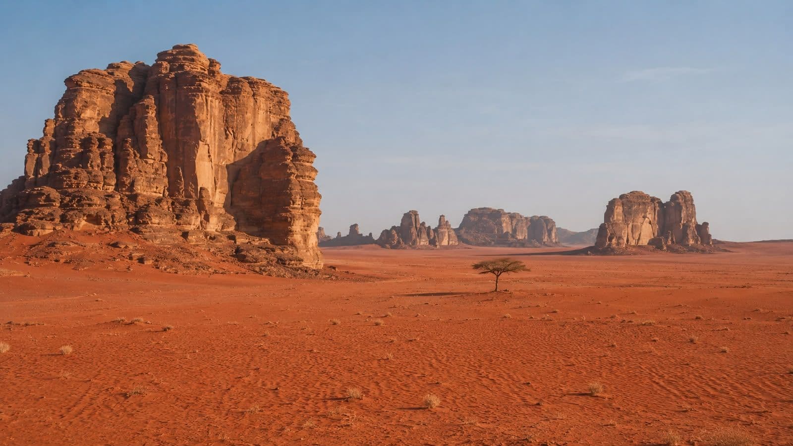 Panoramic view of Tabuk’s desert landscape featuring towering sandstone rock formations rising from expansive red sands beneath a clear blue sky.