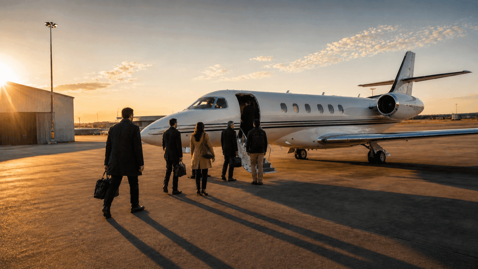 A group of business travelers boarding a private jet charter