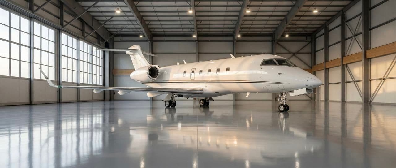 Business jet for sale inside modern hangar as part of aircraft sales service