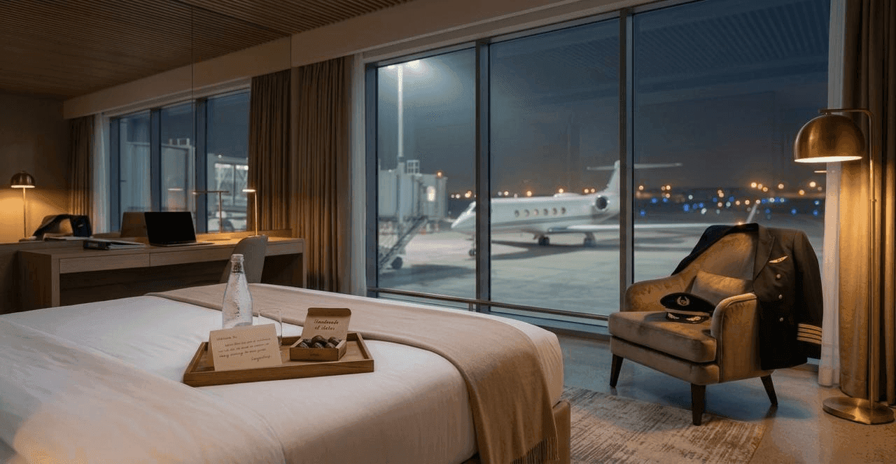 A luxury airport hotel suite overlooking a private jet on the tarmac, representing premium crew accommodation