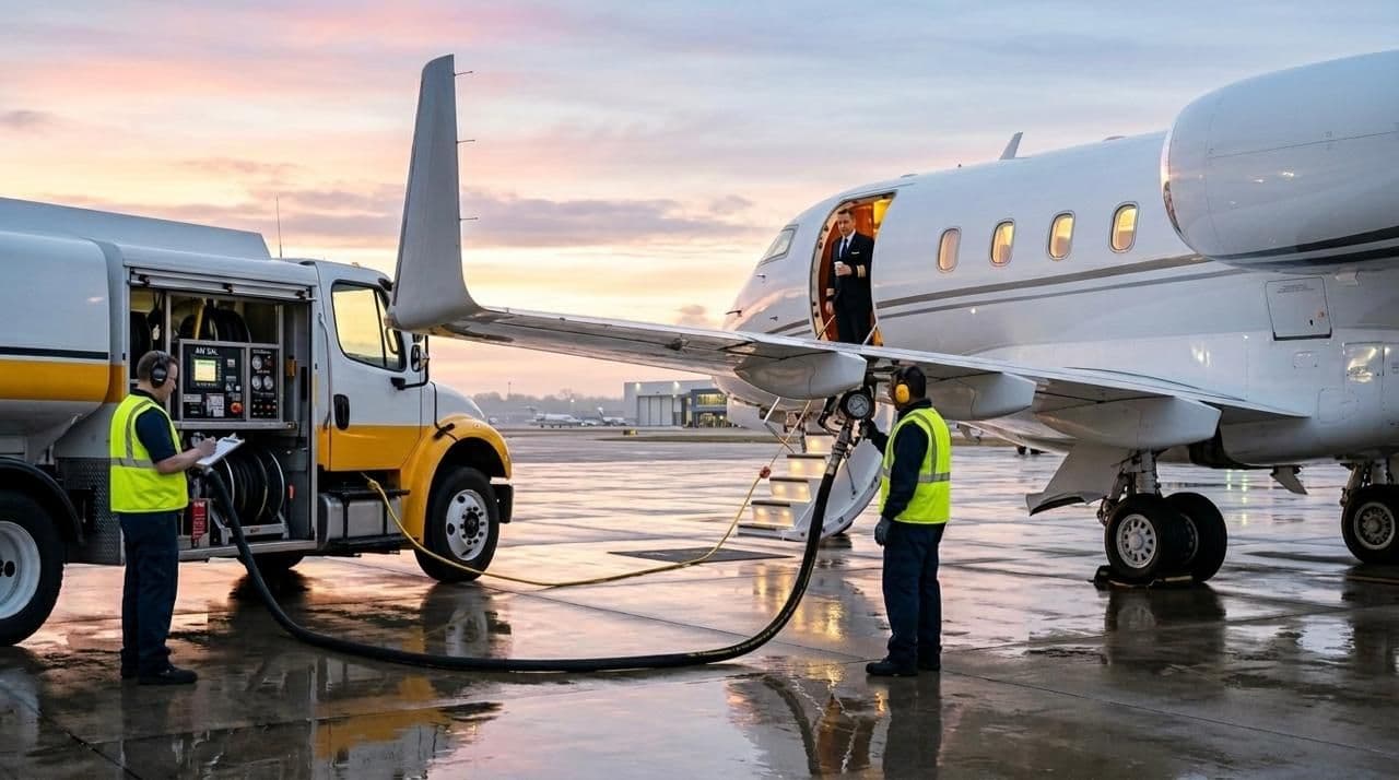 Ground crew performing private jet refueling operations on the airport apron