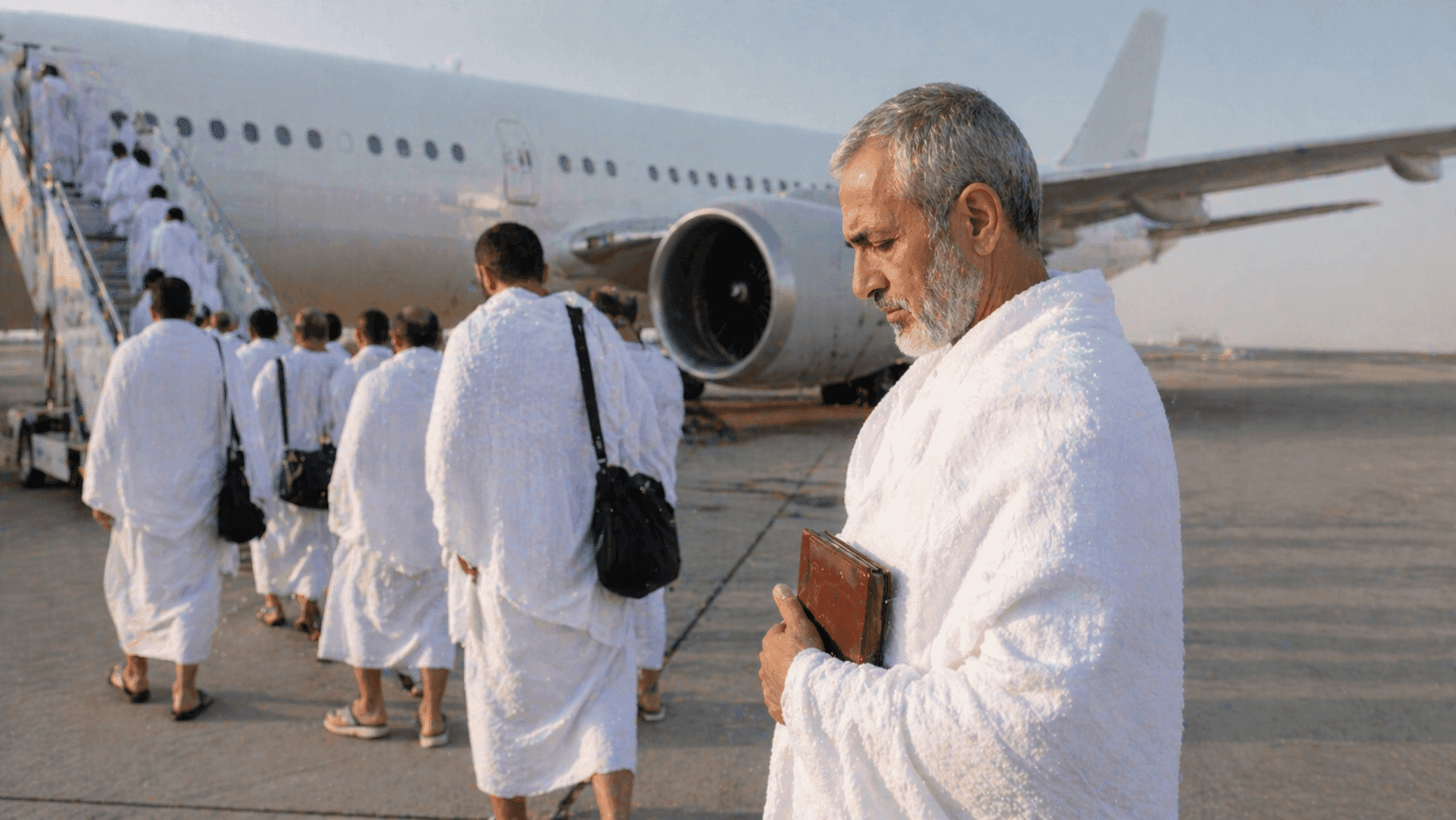 Pilgrims in ihram garments boarding a charter aircraft via stairs on the tarmac, with one man holding a prayer book in the foreground, representing Hajj or Umrah travel.