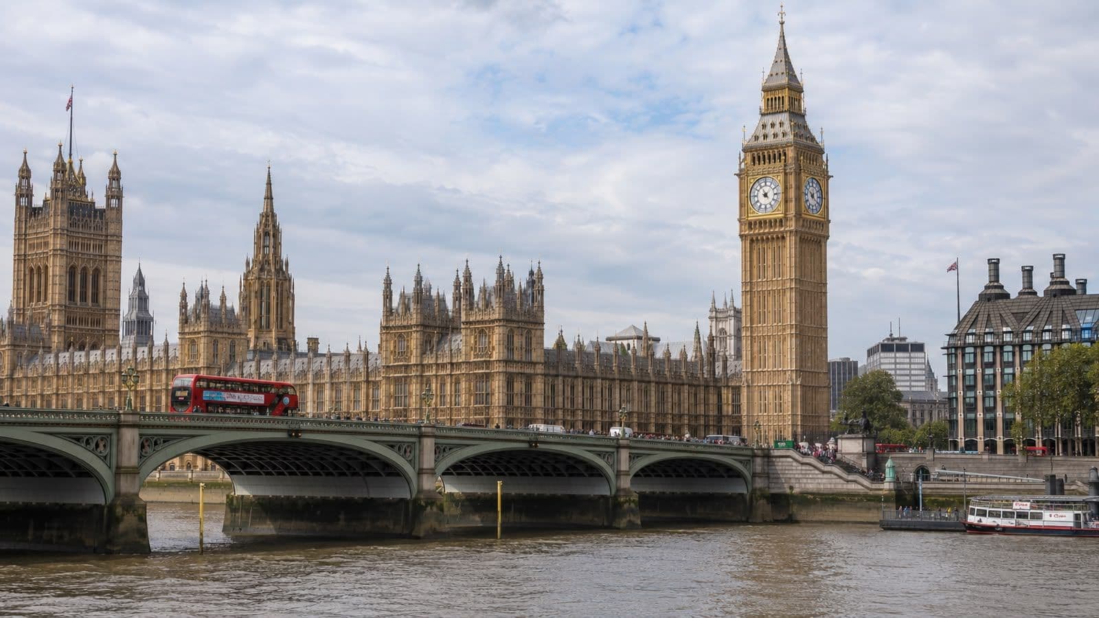 Panoramic view of London featuring Big Ben, the Palace of Westminster, and Westminster Bridge spanning the River Thames.