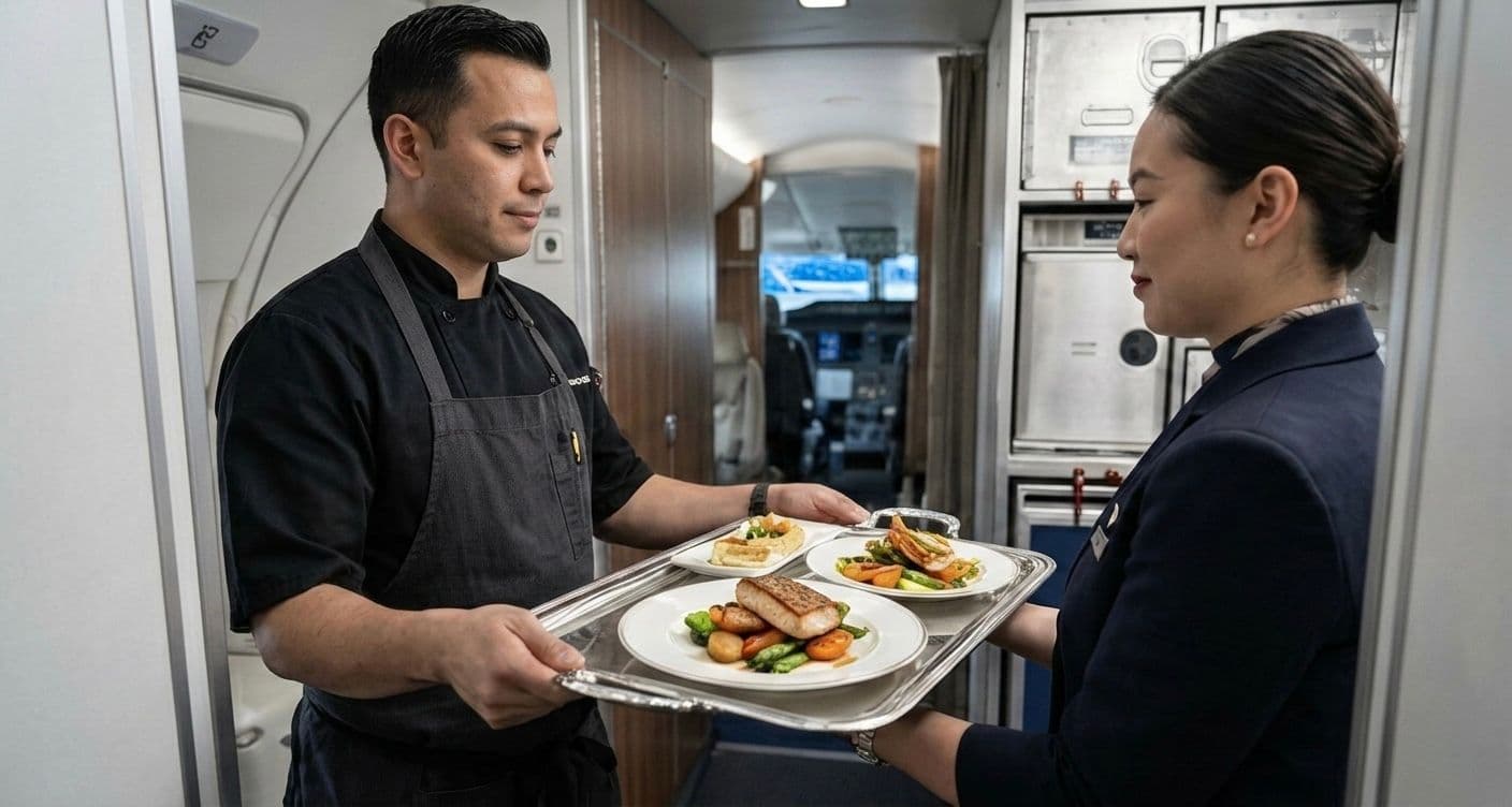 Chef handing plated meals to a flight attendant inside an aircraft galley.