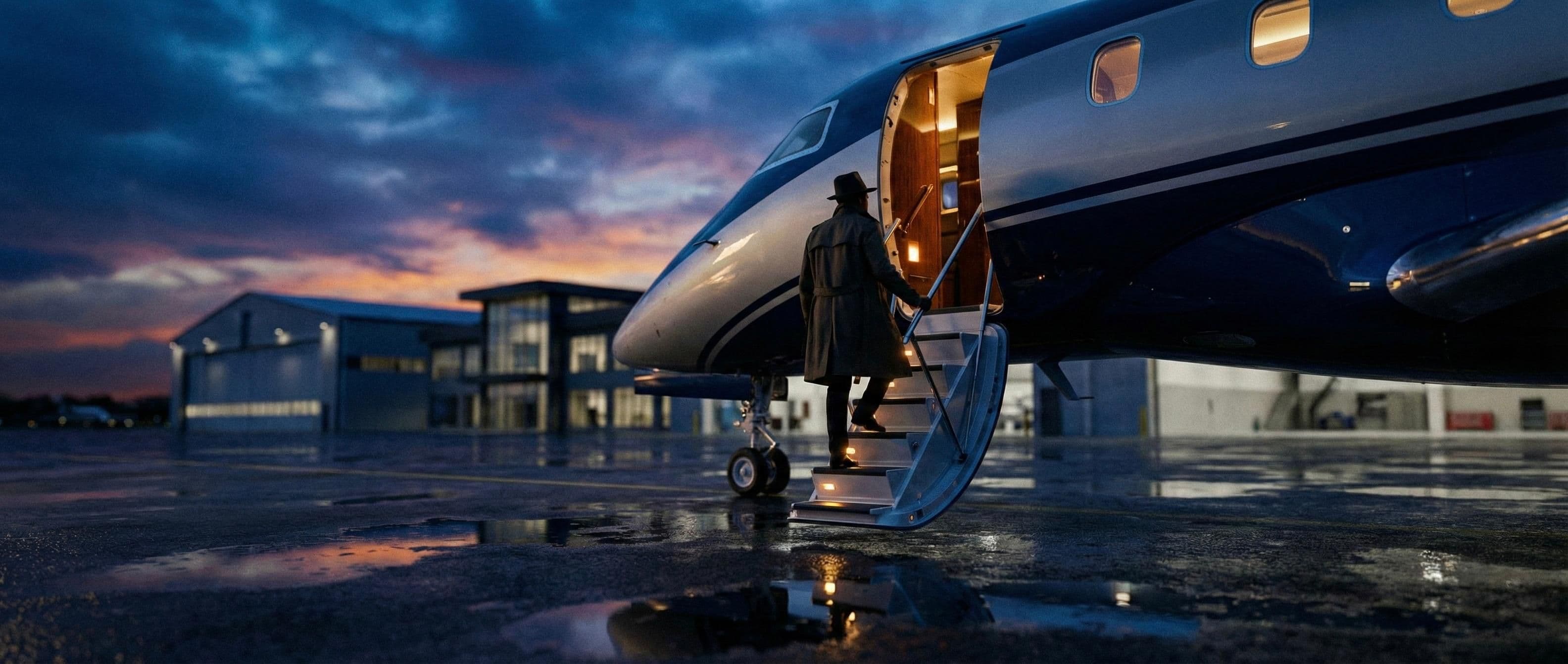 Traveler boarding empty leg private jet for one leg flight at sunset
