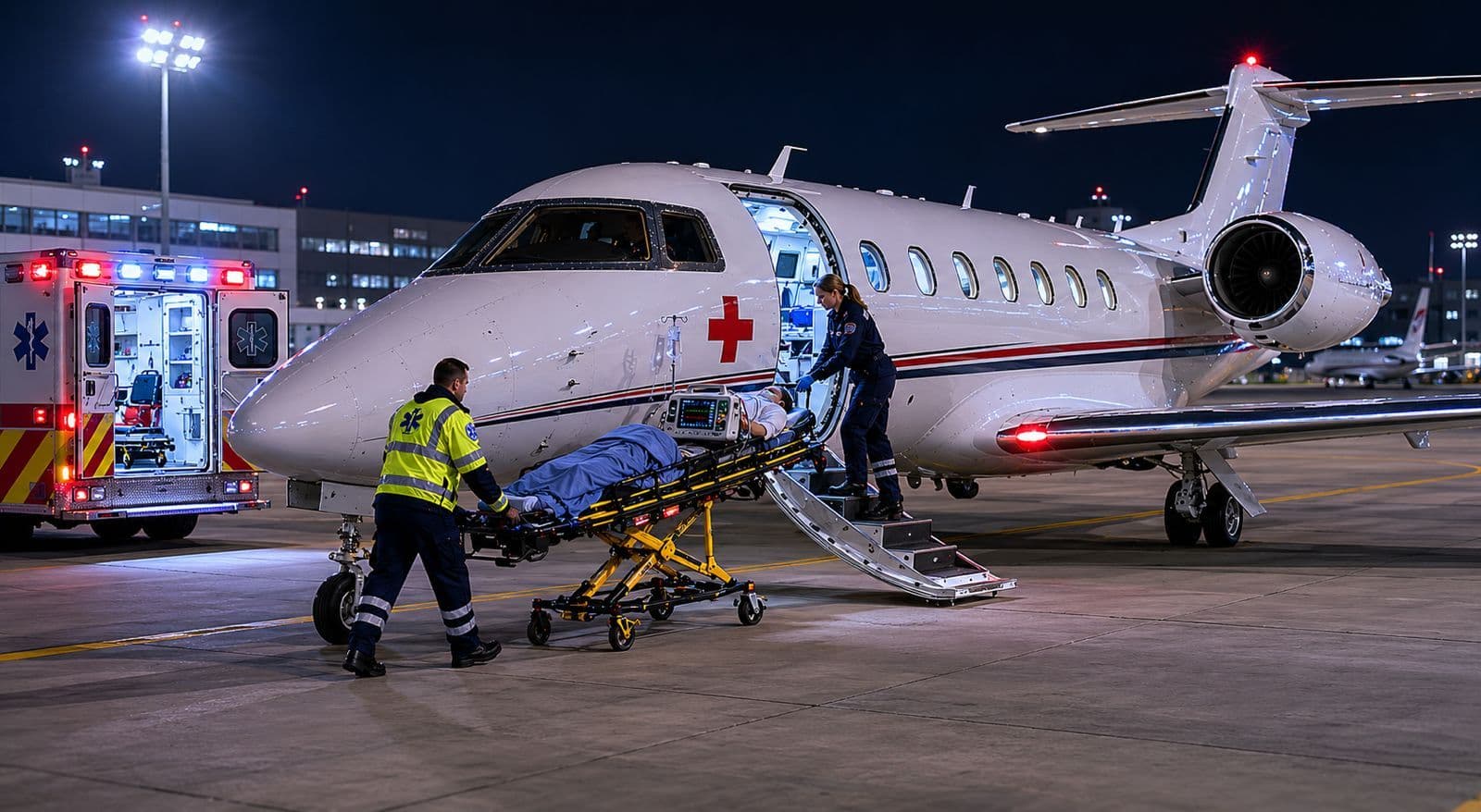 Paramedics loading a patient on a stretcher into a medical evacuation jet