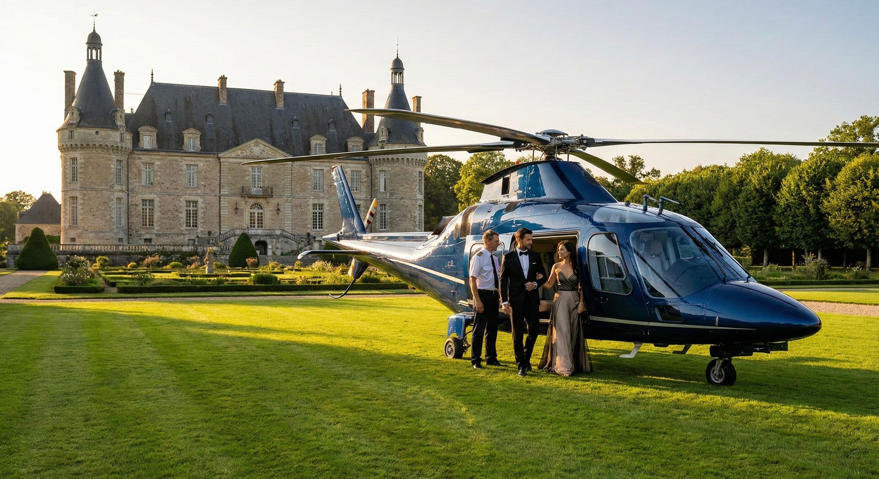 Chopper for rent at luxury estate for private helicopter charter and premium helicopter flight services