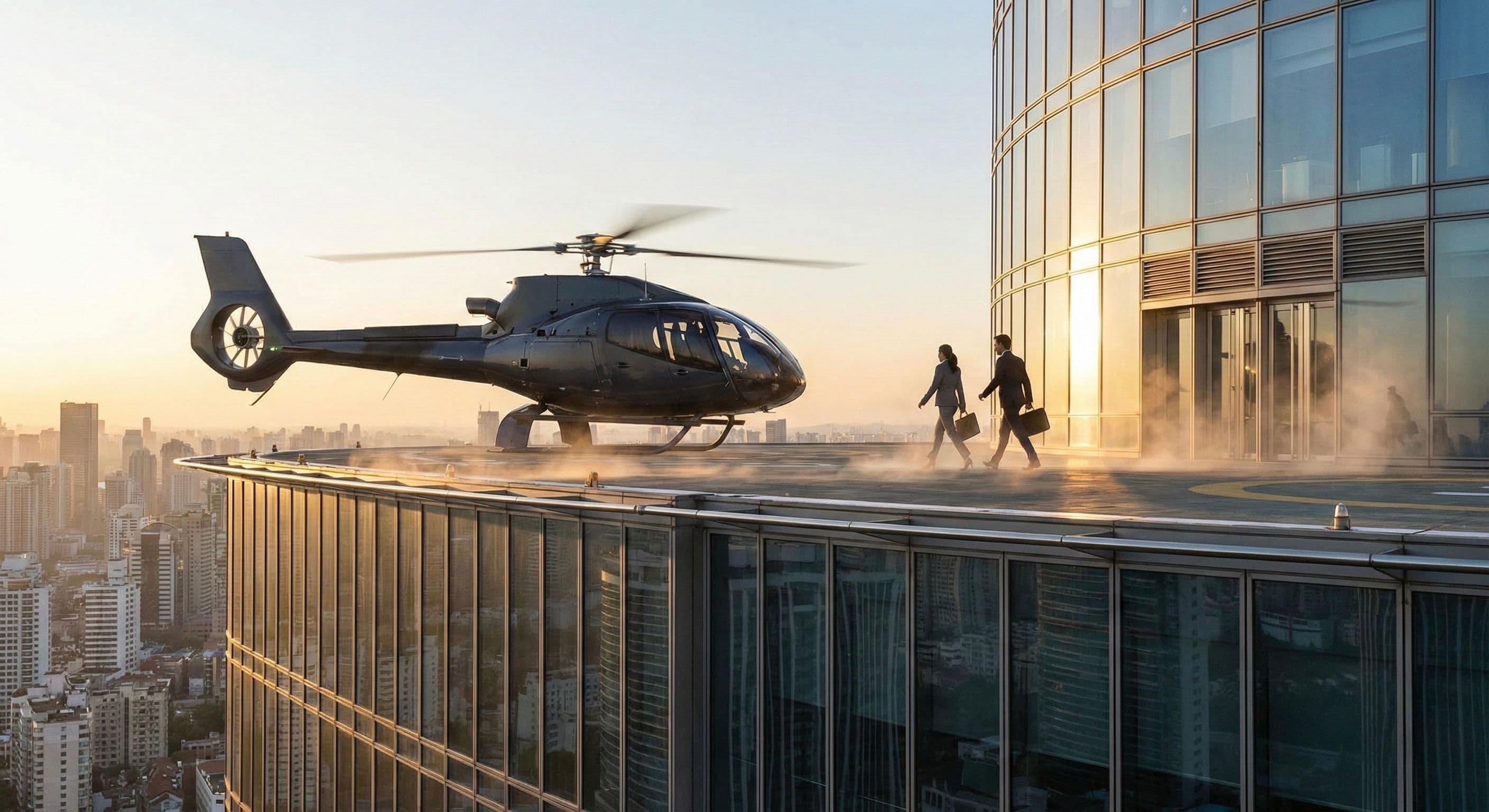 Helicopter charter service landing on urban helipad for fast and reliable helicopter flight services