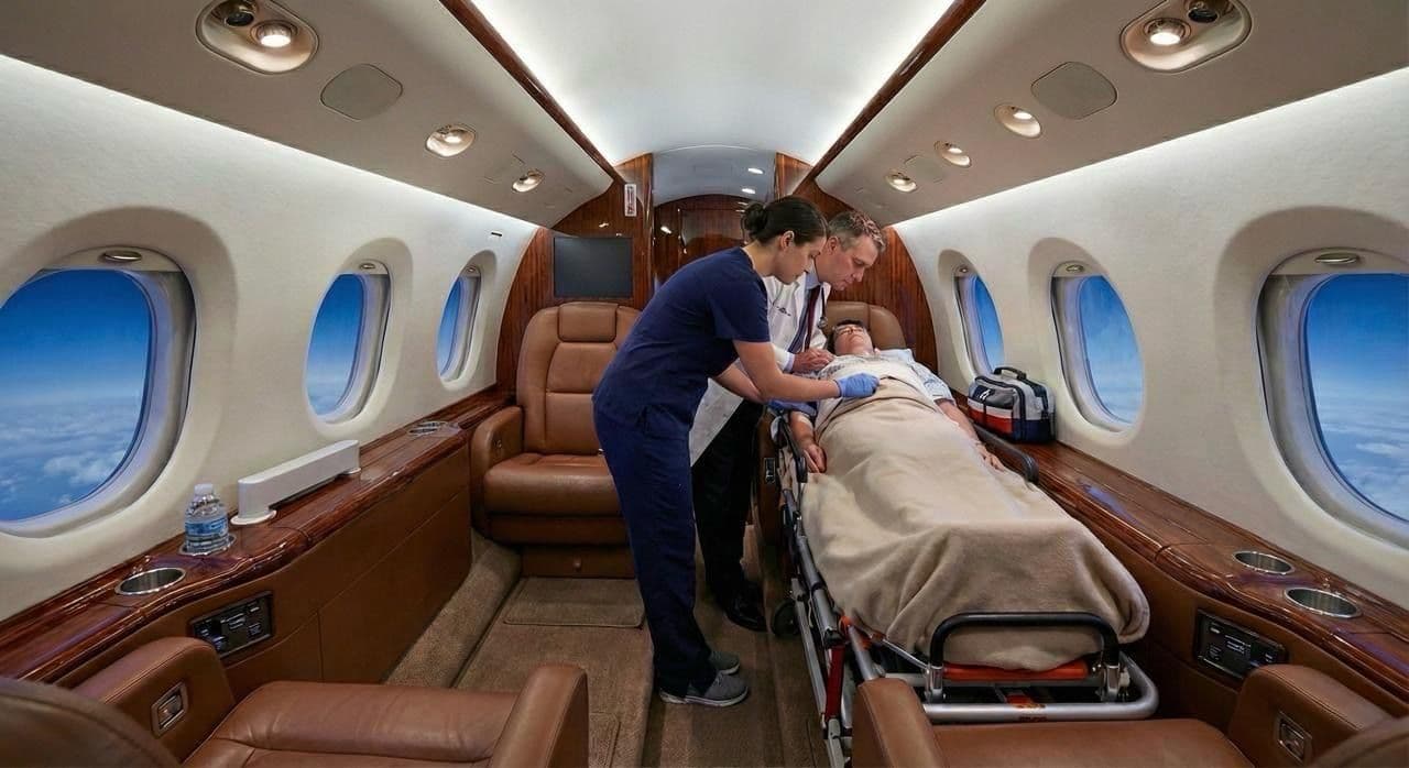 Medical plane charter with doctors providing in-flight care during private medevac flight