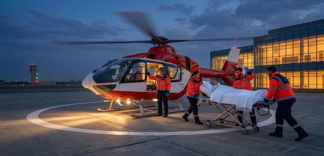 Emergency medical personnel transferring a patient to an air ambulance helicopter
