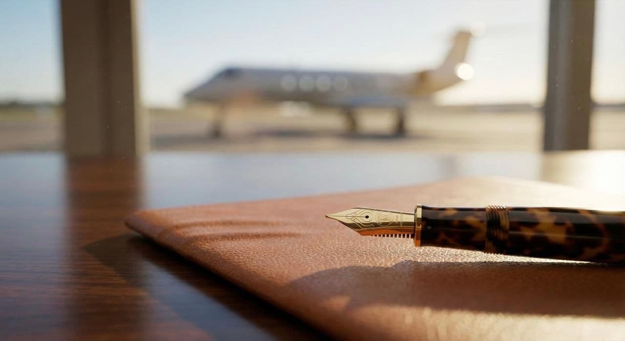 Aircraft brokerage office for buying and selling private jets with hangar view