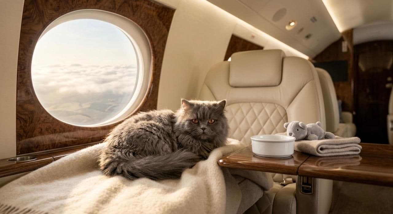 A luxury private jet cabin arranged for pet-friendly travel, featuring a relaxed long-haired cat