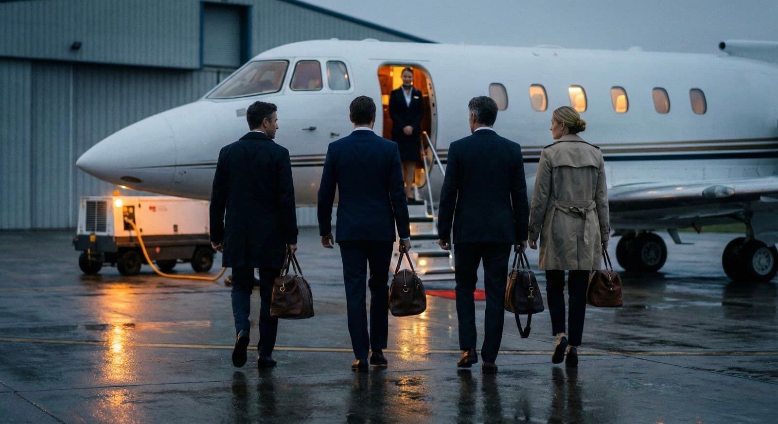 Four business travelers walking toward a private jet on a wet runway, carrying bags.