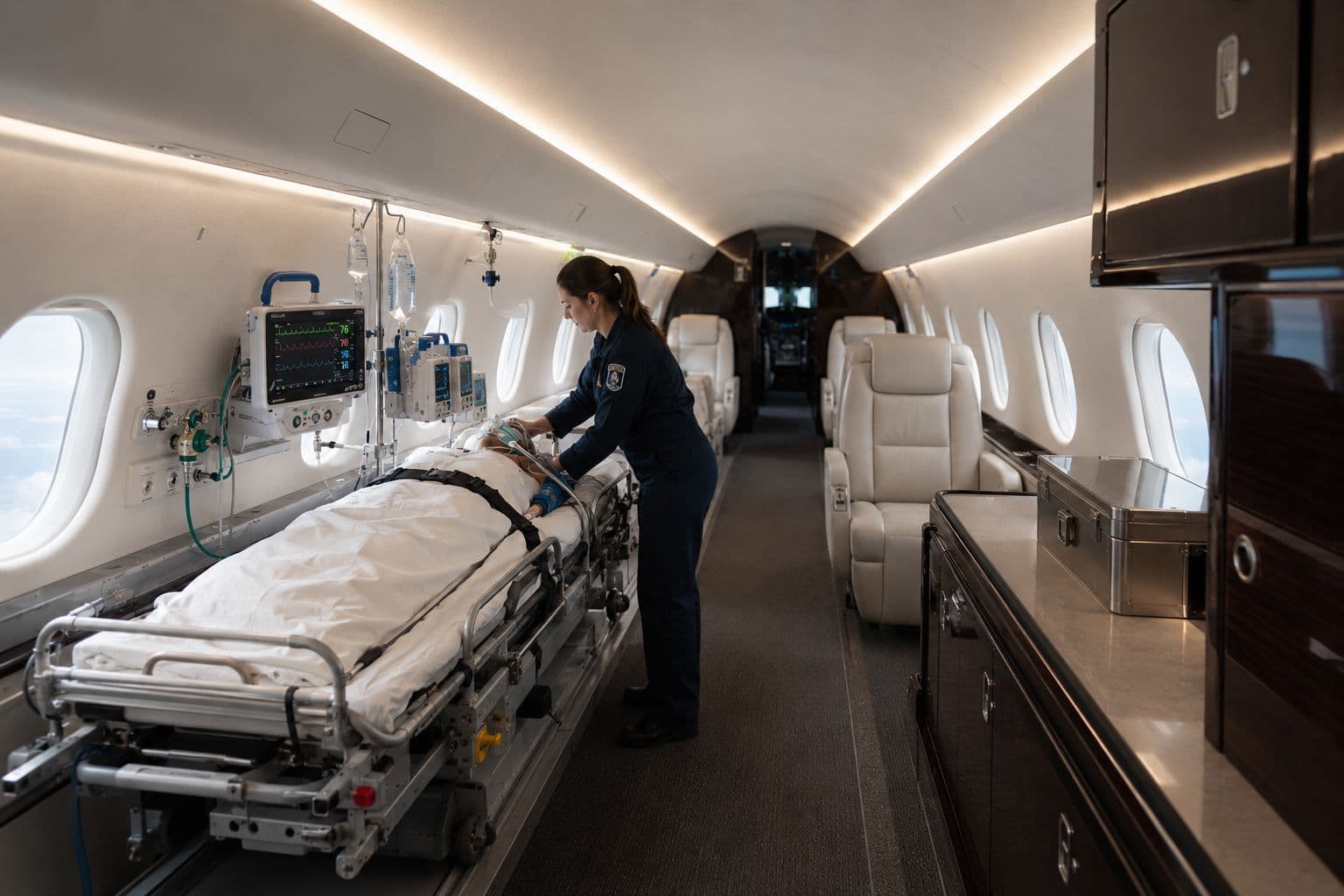 Medical professional treating a patient on a stretcher inside a fully equipped air ambulance jet cabin.